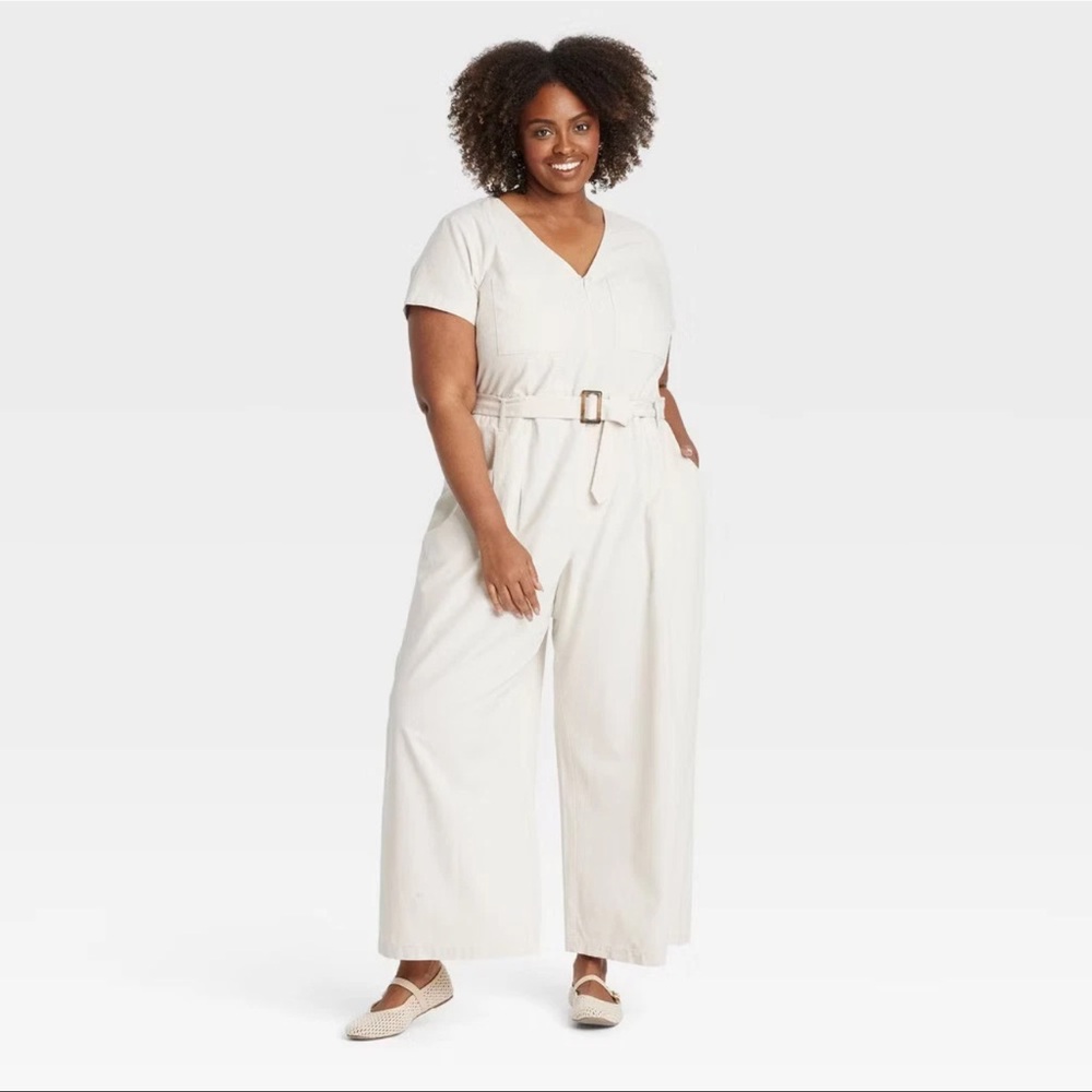 Women's Short Sleeve Utility Jumpsuit - Ava & Viv Cream 2X